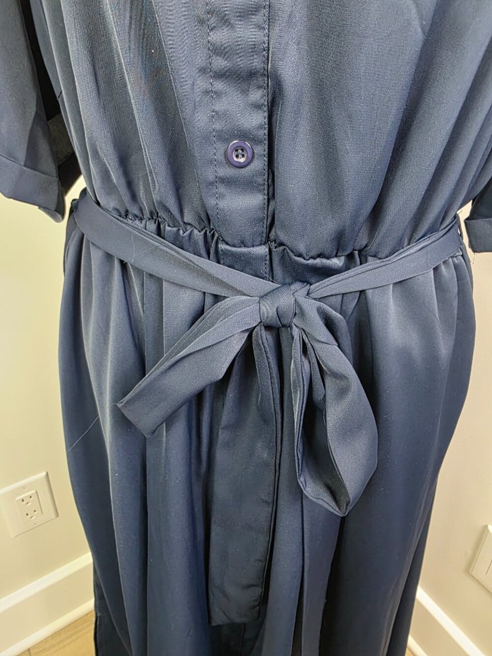 Bloomchic Dress Size 14/16 Navy Blue Fabric Belt Elasticized Waist Midi Pockets - Picture 4 of 10
